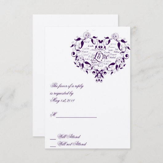 Liefde in elke taal in de Paarse reactiekaart RSVP Kaartje (Voorkant / Achterkant)
