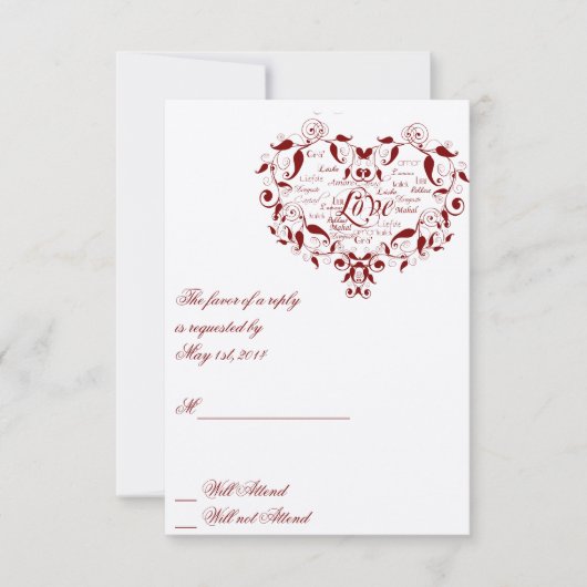 Liefde in elke taal in een rode reactiekaart RSVP kaartje (Voorkant)