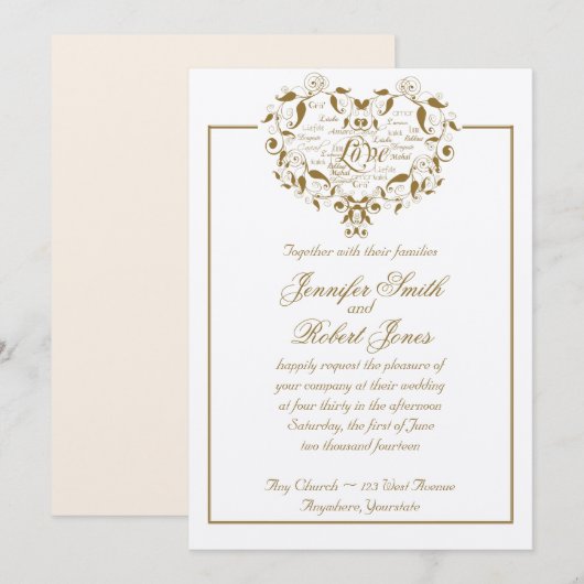 Liefde in elke taal in gouden bruiloft uitnodiging (Voorkant / Achterkant)