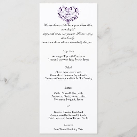 Liefde in elke taal in Paarse bruiloft Menu (Voorkant)