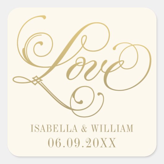 Liefde in Goud Script Ivoor Bruiloft Monogram Vierkante Sticker (Voorkant)