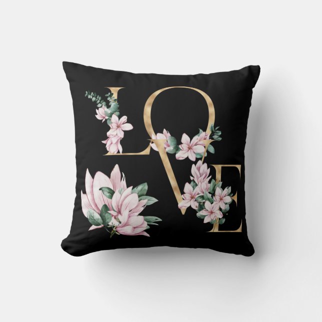 Liefde in gouden letters met magnoliumbloemen kussen (Voorkant)