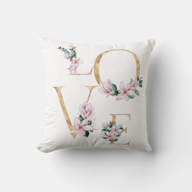Liefde in gouden letters met magnoliumbloemen kussen (Voorkant)