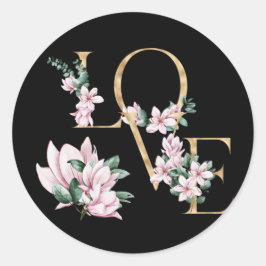 Liefde in gouden letters met magnoliumbloemen ronde sticker