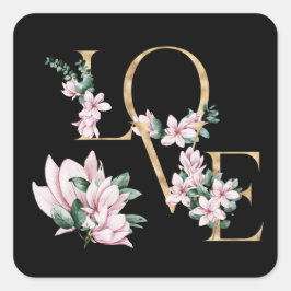 Liefde in gouden letters met magnoliumbloemen vierkante sticker