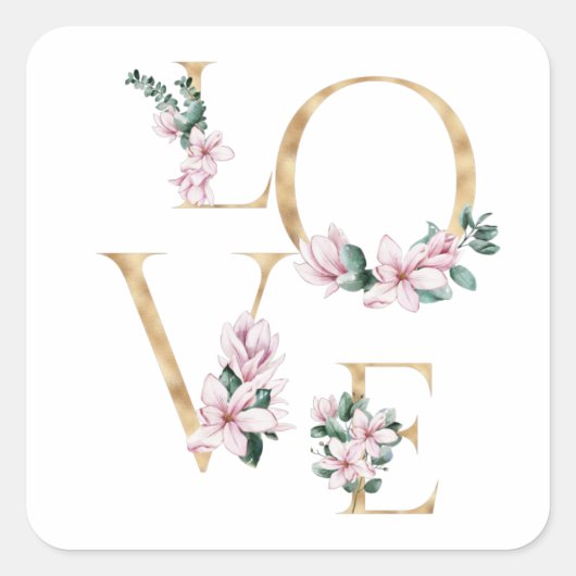 Liefde in gouden letters met magnoliumbloemen vierkante sticker (Voorkant)