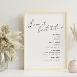 Liefde in het eerste gebaar van het Bite Weddensch Poster<br><div class="desc">Aangepast ontworpen bruiloft desserts menu poster met 'Love at first beet' elegant hartkalligrafie met modern zwart-wit design.</div>