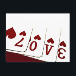 Liefde in het hart speelkaarten briefkaart<br><div class="desc">Het woord "liefde" gespeld in rood van harten speelkaarten, 7, 10, Aas, en 3. Een geweldig afbeelding om te gebruiken als uitnodigingen voor bruiloften (vooral als in Las Vegas, NV), jubileumfeesten of feestdagen zoals Valentijnsdag. Geweldige poker uitnodigen briefkaart ook! Ook verkrijgbaar op een postzegel en kaarten. Ik (7, 10, Aas,...</div>