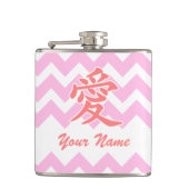 Liefde in het Japans met roze Chevron Patroon Heupfles (Voorkant)