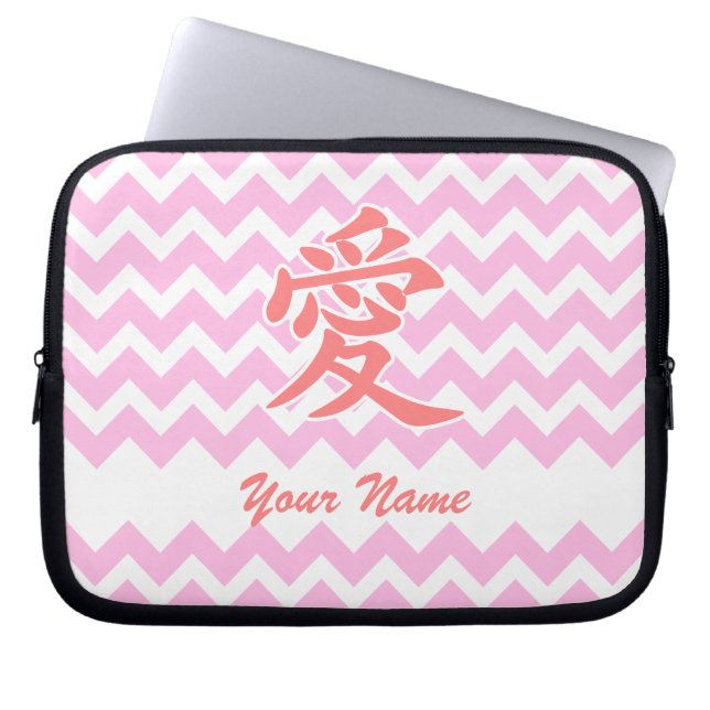 Liefde in het Japans met roze Chevron Patroon Laptop Sleeve (Voorkant)