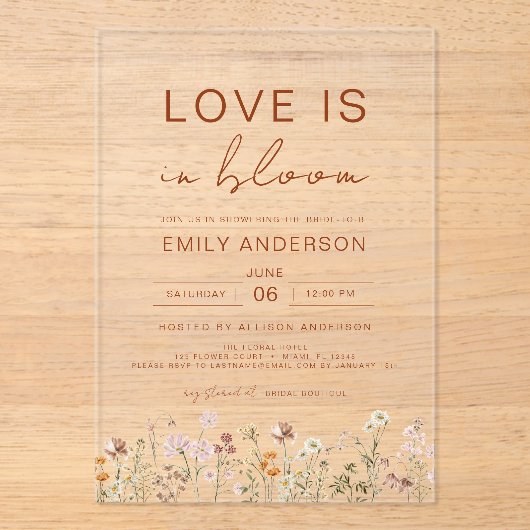 Liefde in het Vrijgezellenfeest Bloom Wildflower Acryl Uitnodigingen (Voorkant)