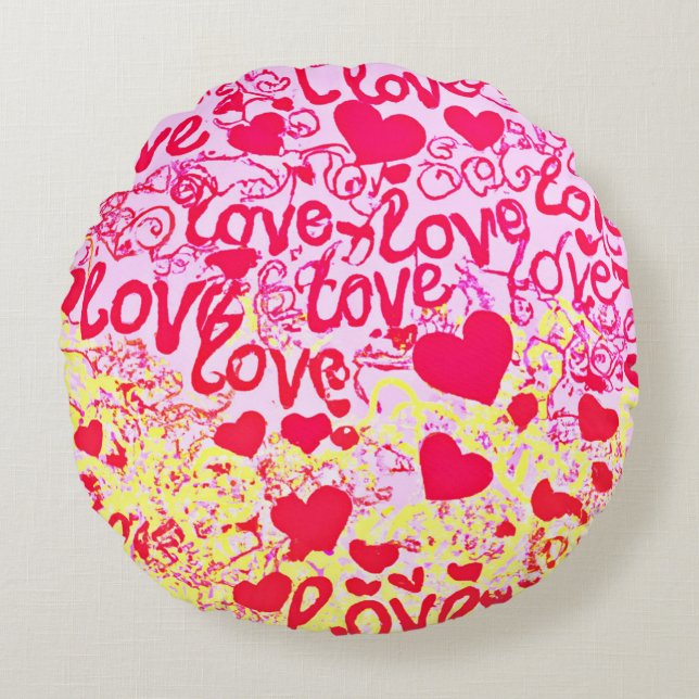 Liefde in Levendig Kleurenpatroon Rond Kussen (Voorkant)