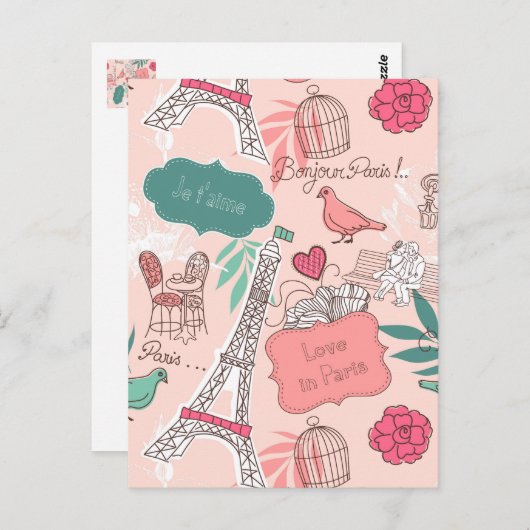 Liefde in Paris Pattern Pink Briefkaart (Voorkant / Achterkant)