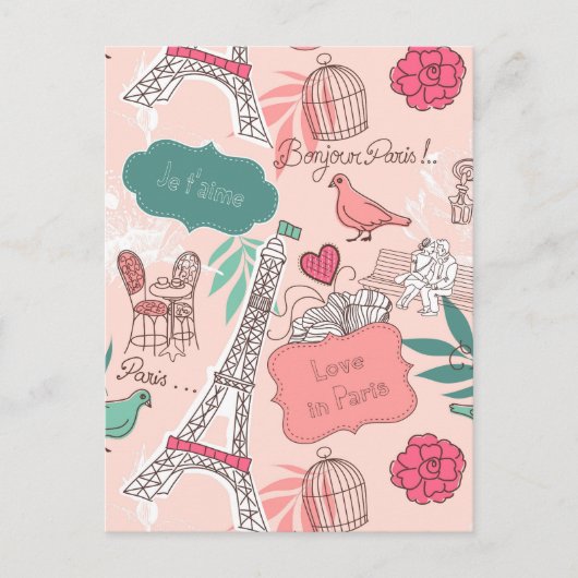 Liefde in Paris Pattern Pink Briefkaart (Voorkant)