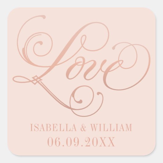 Liefde in Roos Gold Script Blush Wedding Monogram Vierkante Sticker (Voorkant)