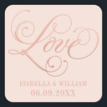 Liefde in Roos Gold Script Blush Wedding Monogram Vierkante Sticker<br><div class="desc">De stickers van de huwelijksgunst kenmerken "Liefde"in roos goudkleurig schrift met een douane monogramontwerp dat de naam en de huwelijksdatum van de bruid en de bruidegom omvat. De blush roze achtergrondkleur kan worden aangepast.</div>