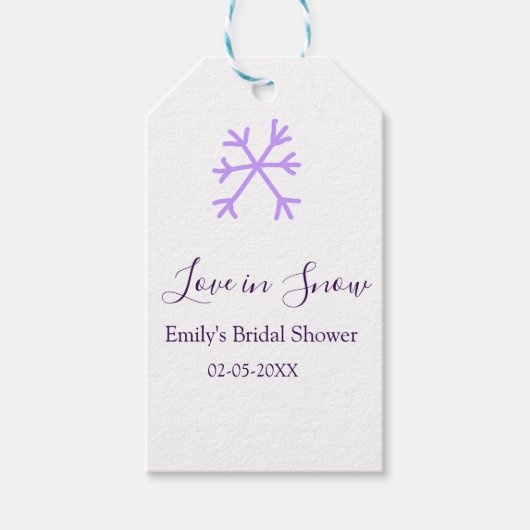 Liefde in sneeuw bruidsfeest paarse sneeuwvlokken  cadeaulabel (Voorkant)