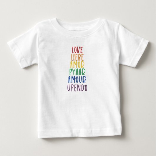 Liefde in veel talen Rainbow Pride Baby T-Shirt (Voorkant)