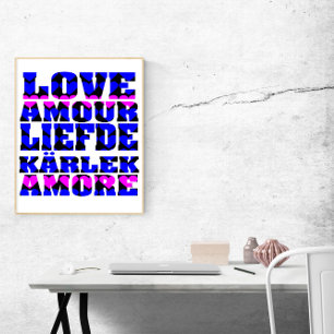 Liefde in vele talen Blauw roze harten Poster