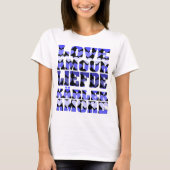 Liefde in vele talen Harten Blauw T-shirt (Voorkant)