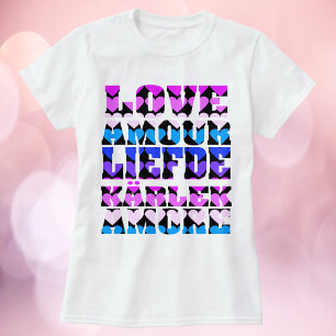 Liefde in vele talen Harten Roze Paarse Zwart T-shirt