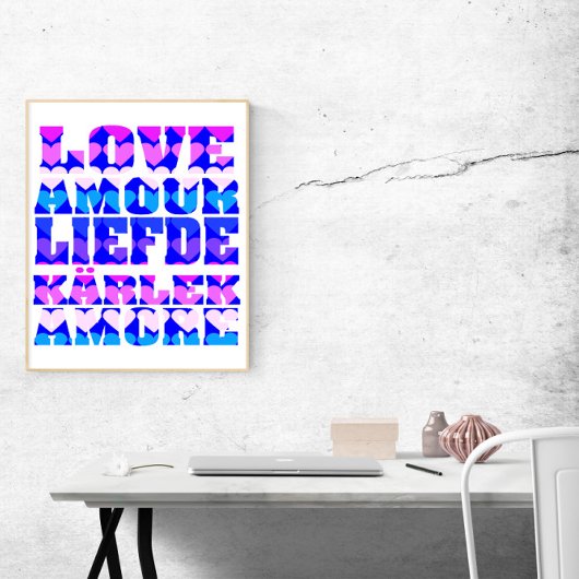 Liefde in vele talen Roze Paarse Blauw Poster
