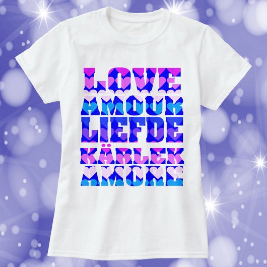 Liefde in vele talen Roze Paarse Blauw T-shirt