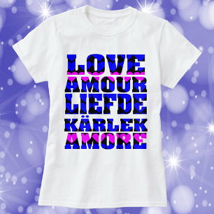 Liefde in vele talen Tekst Harten roze blauw T-shirt
