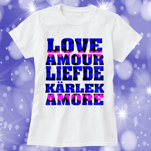 Liefde in vele talen Tekst Harten roze blauw T-shirt