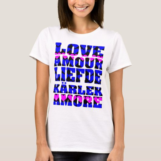 Liefde in vele talen Tekst Harten roze blauw T-shirt (Voorkant)