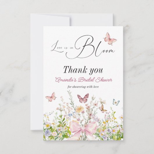 Liefde in volle bloei Roze strik Bruidsdouche Bedankkaart (Voorkant)