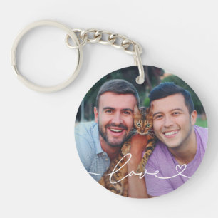 Liefde in wit schrift met hart aangepaste foto sleutelhanger
