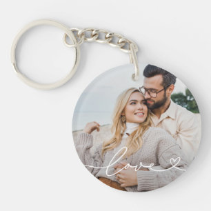 Liefde in witte script met hart aangepaste foto sleutelhanger