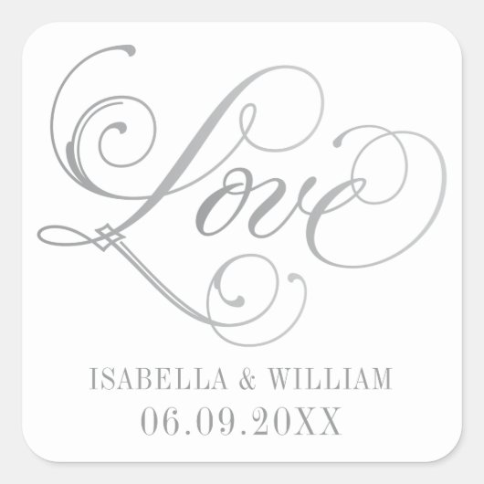 Liefde in zilver Elegant Script Bruiloft Monogram Vierkante Sticker (Voorkant)