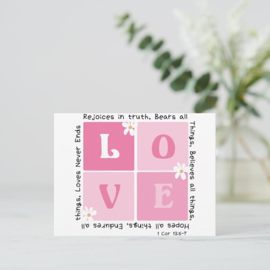 Liefde is... 1 cor. 13:6-7 briefkaart (Staand voorkant)