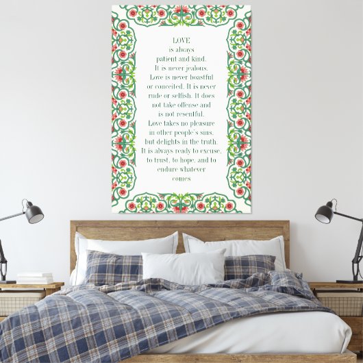 Liefde is altijd geduldig en aardig. Het is nooit Canvas Afdruk (Insitu (Slaapkamer))