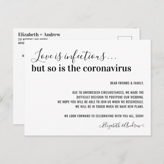 Liefde is Besmettelijk Covid19 Huwelijk Uitstel Aankondigingskaart (Voorkant / Achterkant)
