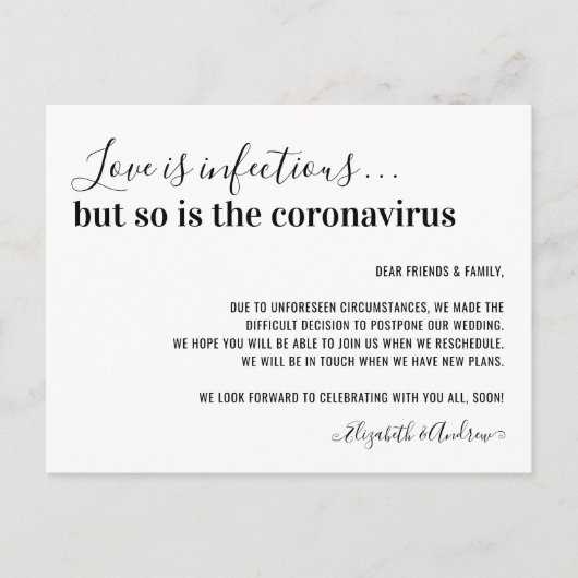Liefde is Besmettelijk Covid19 Huwelijk Uitstel Aankondigingskaart (Voorkant)