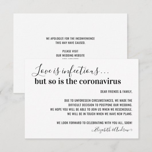 Liefde is Besmettelijk Covid19 Huwelijksuitstel Aankondiging (Voorkant / Achterkant)