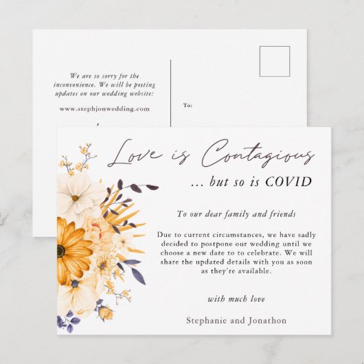 Liefde is besmettelijk Huwelijk Uitgesteld COVID19 Aankondigingskaart (Voorkant / Achterkant)