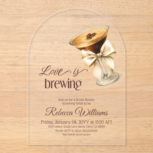 Liefde is Brouwen Bow Espresso Martini Vrijgezelle Acryl Uitnodigingen (Voorkant)