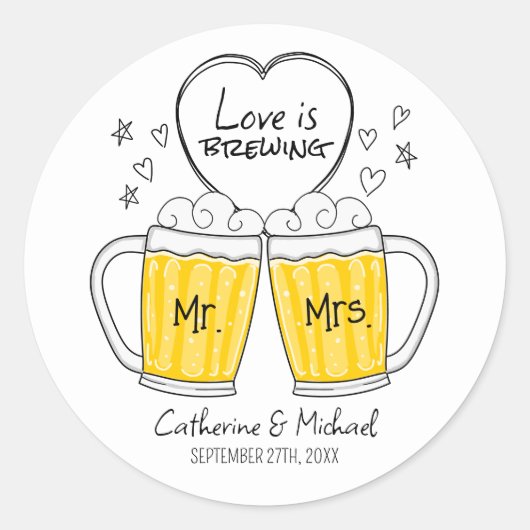 Liefde is brouwen Handgetekende Bierglazen Trouwfe Ronde Sticker (Voorkant)