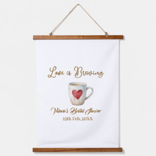 Liefde is brouwende witte koffiemok hart bruidsfee hangend wandkleed