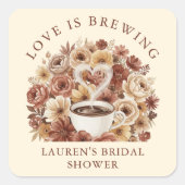 Liefde is Bruin Bloemig Koffie Hart Bruids- Vierkante Sticker (Voorkant)