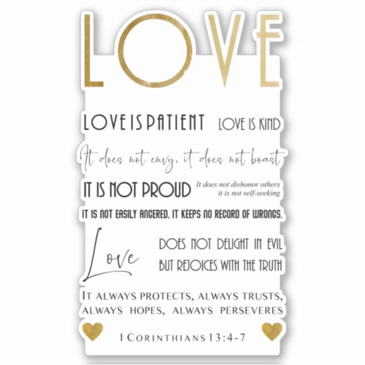 Liefde is een patiënt Bijbelcitaat uit goud Typogr Sticker (Voorkant)