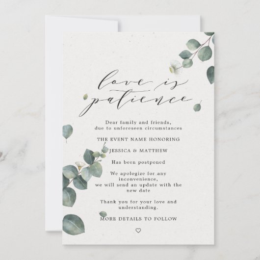 Liefde is Geduld Uitgestelde Eucalyptus Bruiloft Aankondiging (Voorkant)
