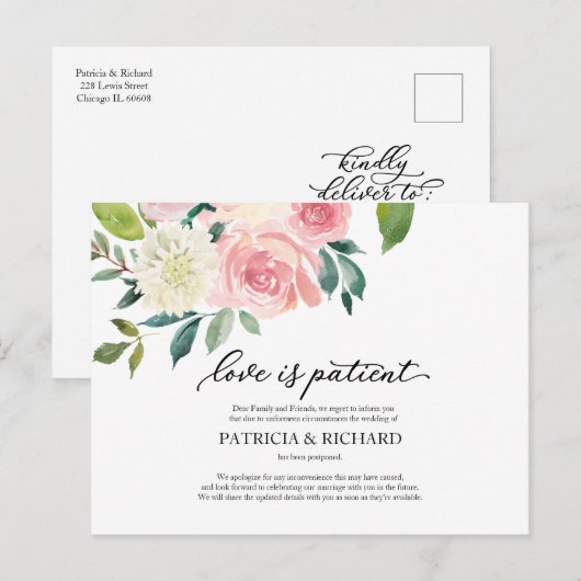 Liefde is geduldig blozen bloemenbruiloft uitstel briefkaart (Voorkant / Achterkant)