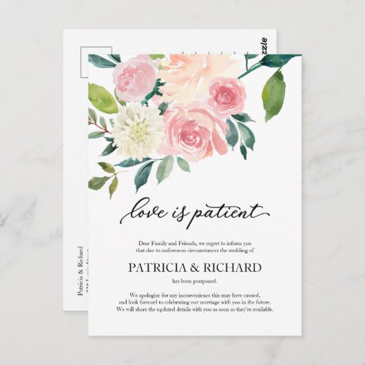 Liefde is geduldig blozen bloemenbruiloft uitstel briefkaart (Voorkant / Achterkant)