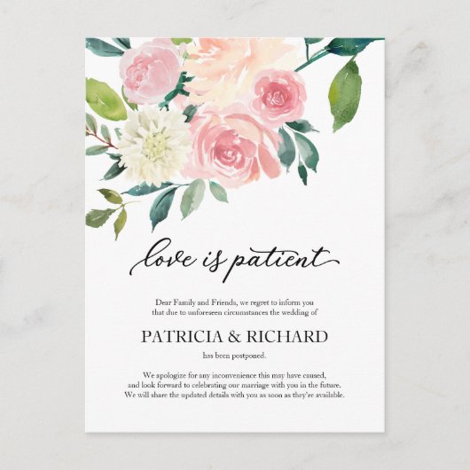 Liefde is geduldig blozen bloemenbruiloft uitstel briefkaart (Voorkant)