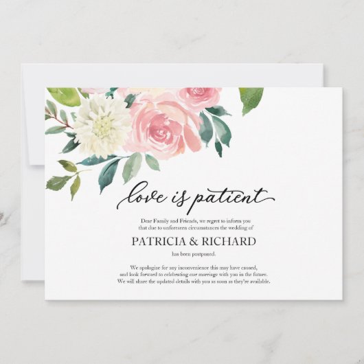 Liefde is geduldig blozen bloemenbruiloft uitstel kaart (Voorkant)